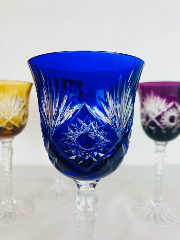 6 verres à pied cristal artisanal de Lorraine, multicolores