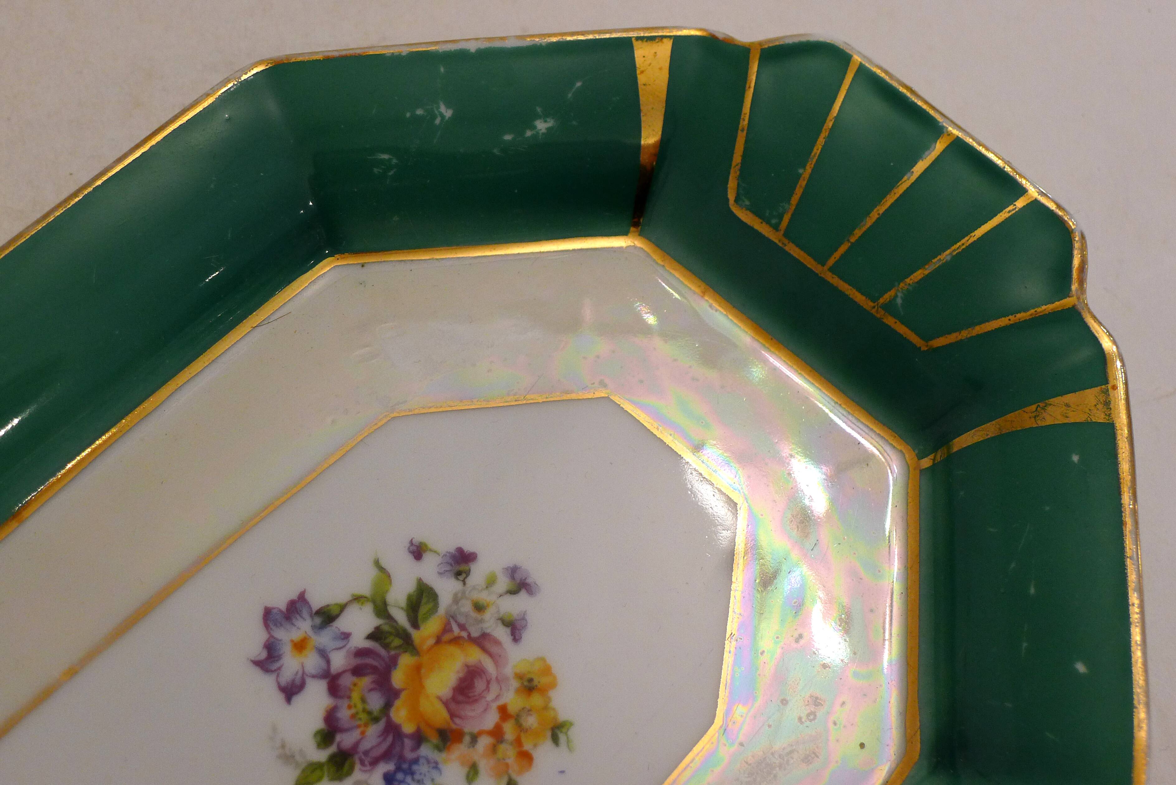 Art Deco floral iridescent cake dish in Limoges porcelain