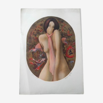 Femme à l'écharpe rose lithographie originale signée à la main Alain Bonnefoit