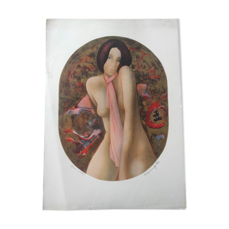 Femme à l'écharpe rose lithographie originale signée à la main Alain Bonnefoit