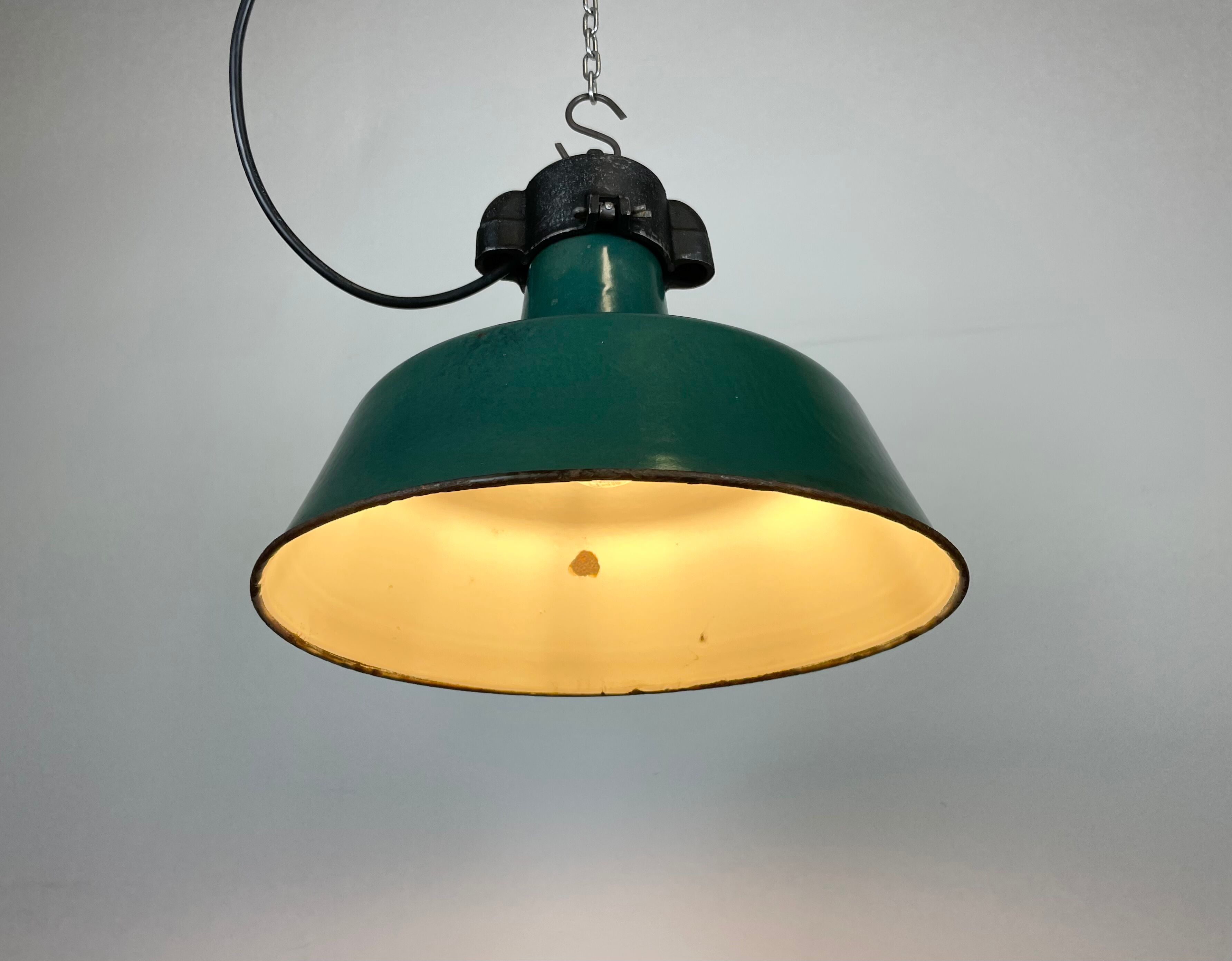 Industrial Green Enamel Factory Lamp with Cast Iron Top, 1960s