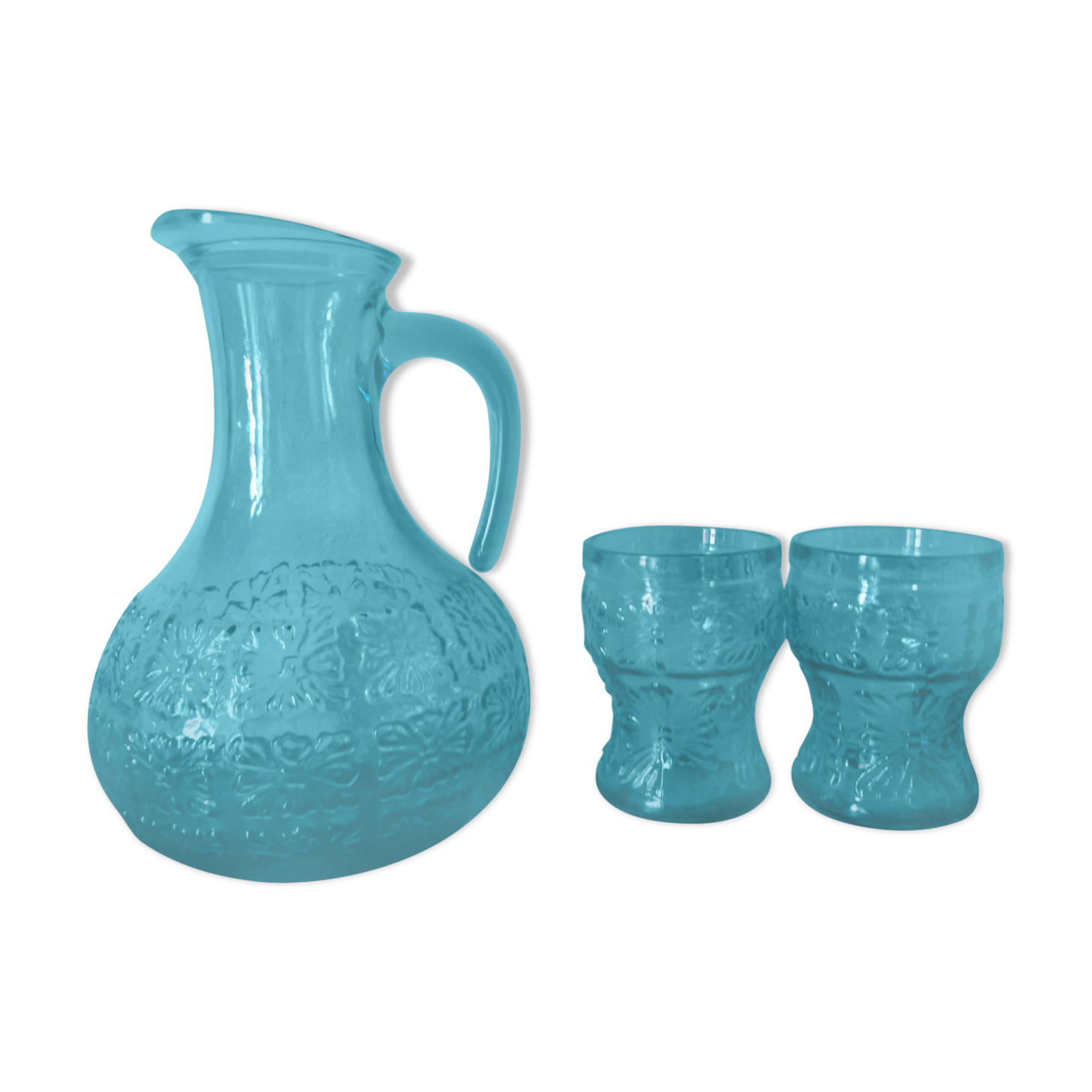 Blue glass carafe and two glasses