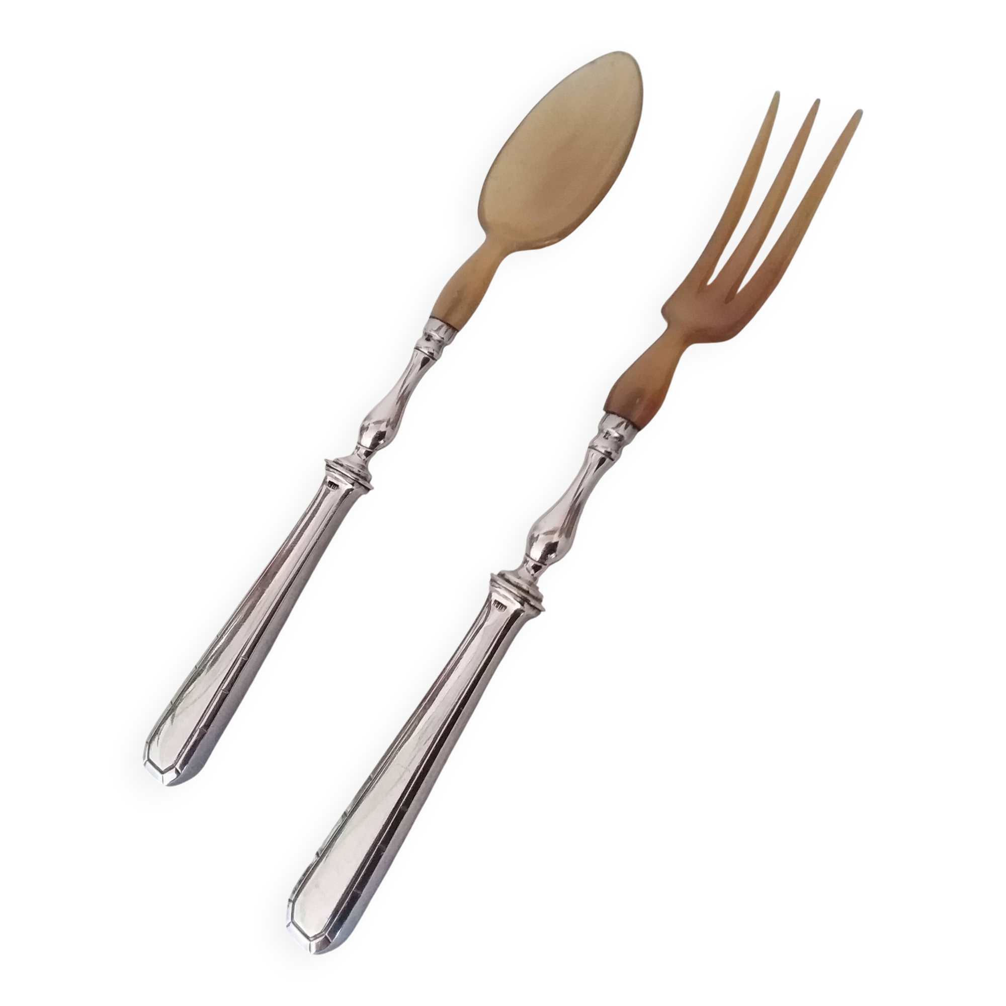 Salad cutlery, Alfénide Christofle, Tosca model, horn and silver metal.