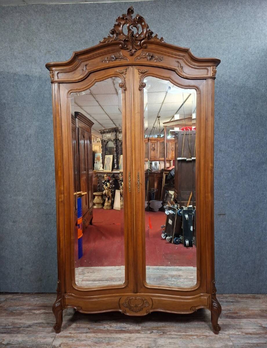 antique walnut carved wardrobe – Louis XV style – mirror doors – 19th century