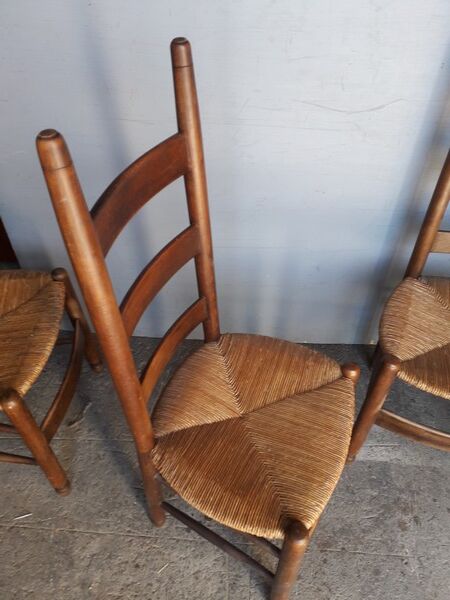 4 modernist chairs design wood and straw era 1960/70