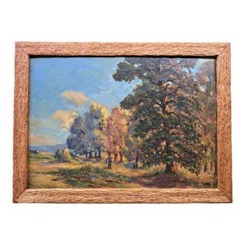 Tableau ancien huile paysage automnale