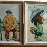 Old paintings Seated Man and Woman with the Umbrella by René. THE FORESTER (1903-1972)