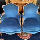 Pair of Louis XV style blue velvet bergère armchairs