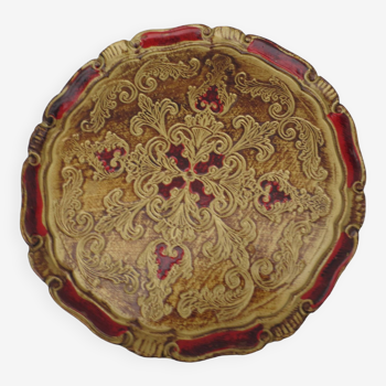 Old round florentine tray, in red and gold colored wood