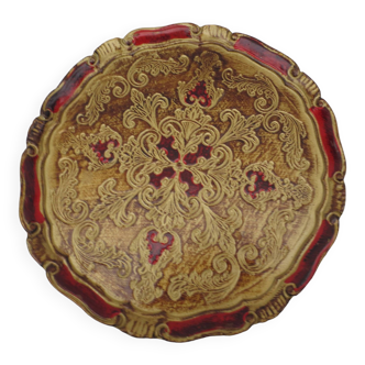 Old round florentine tray, in red and gold colored wood