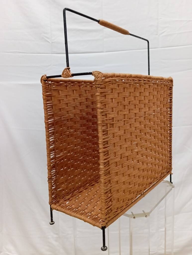Rattan magazine rack with metal frame from the 50s