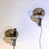 Sciolari, pair of chrome wall lights, smoked glass, Italy, 1970s