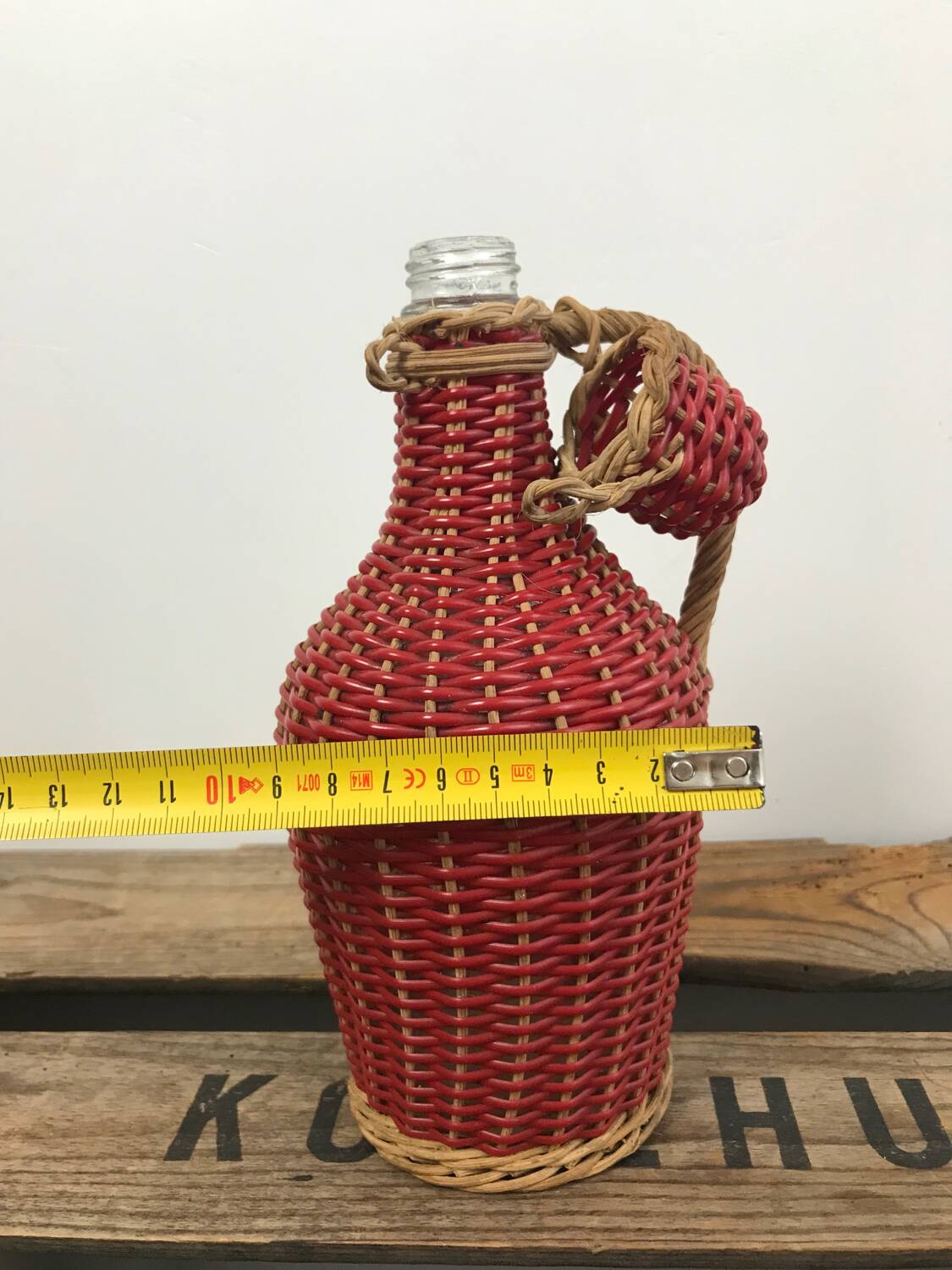 Bottle with rattan weaving and vintage scoubidou