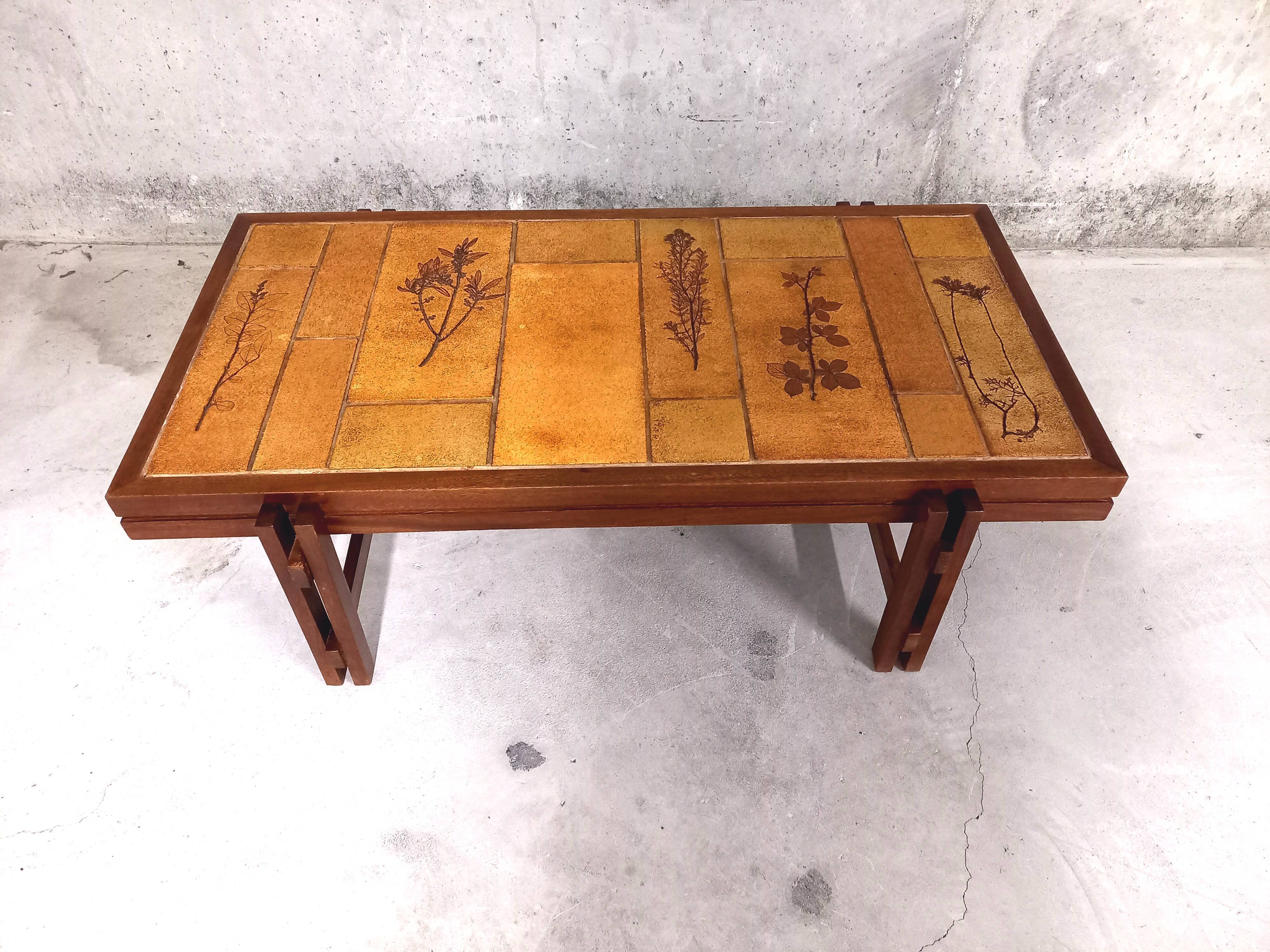 Vintage coffee table in wood and ceramics of Vallauris 60s 70s