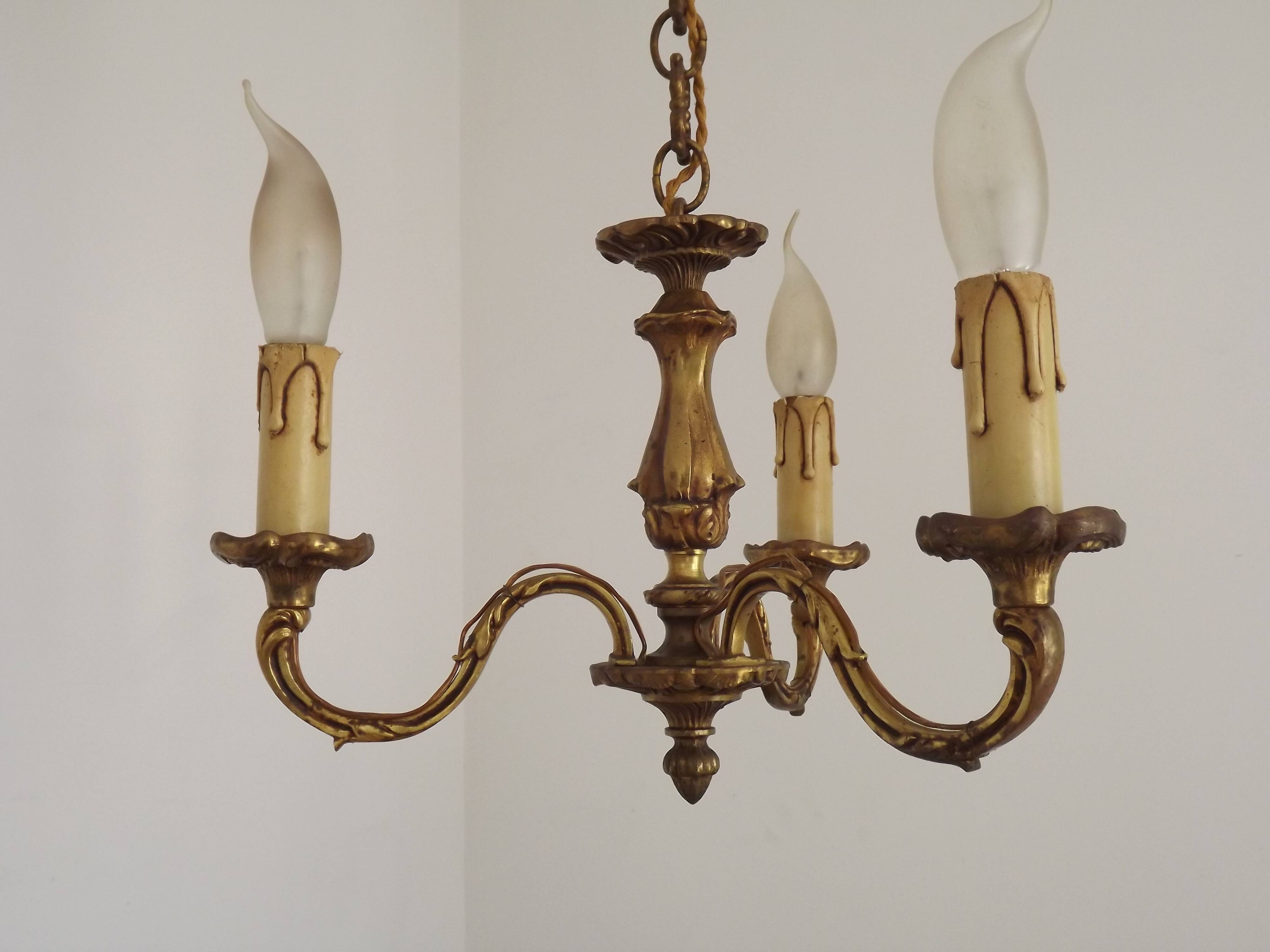 French Antique Art Nouveau Style 3-Light Quality Bronze Chandelier