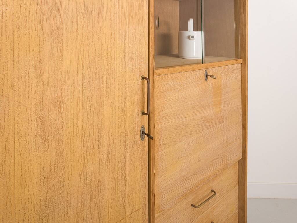 Oak desk cabinet with wardrobe space and fully pickled showcase, circa 60