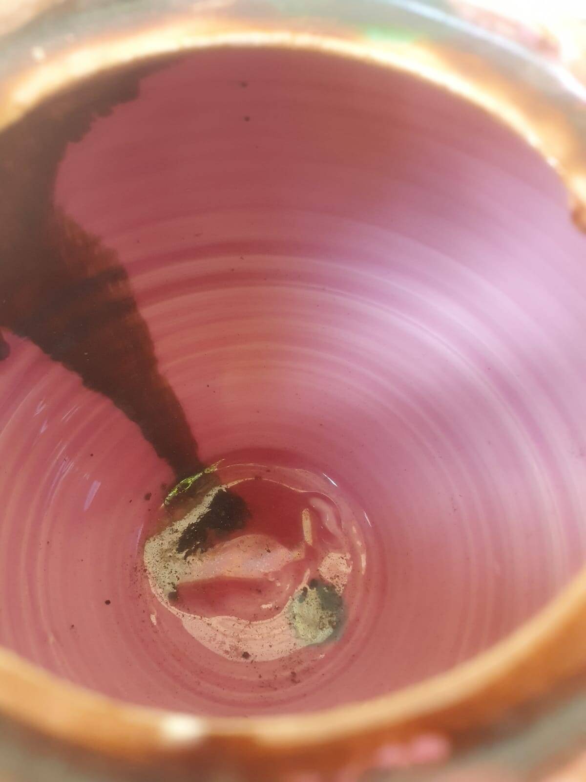 Jug pitcher Provençal earthenware glazed with pink and green glaze.