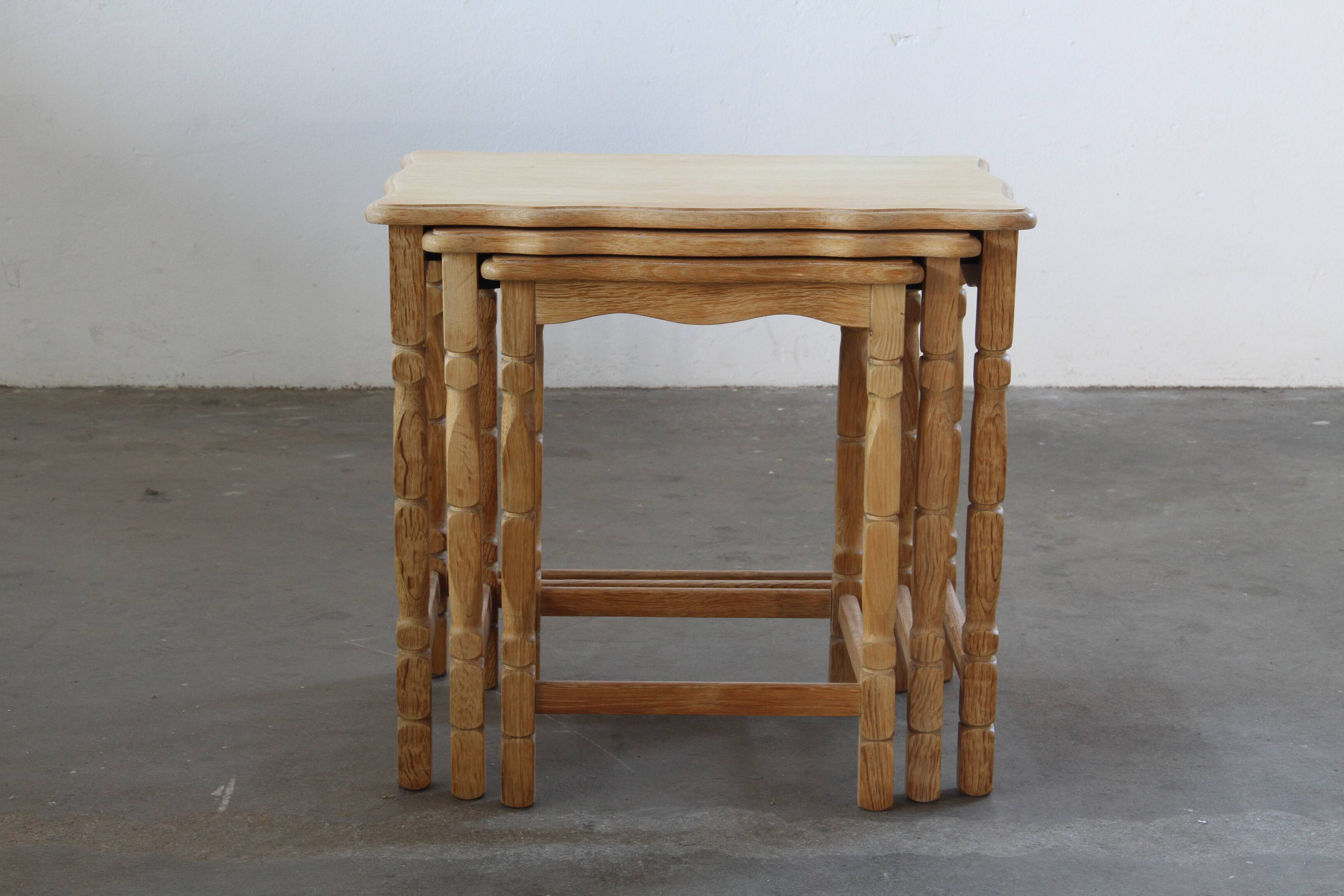 Vintage 1970s set of 3 Nesting / Stacking Oak Tables, style of Henning Kjær