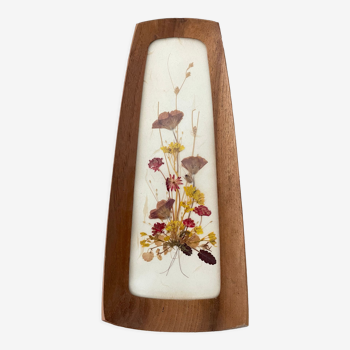 Vintage fleurs séchées cadre bois naturel sculpté main, teinté, reichlin schwitzerland, heimatwerk