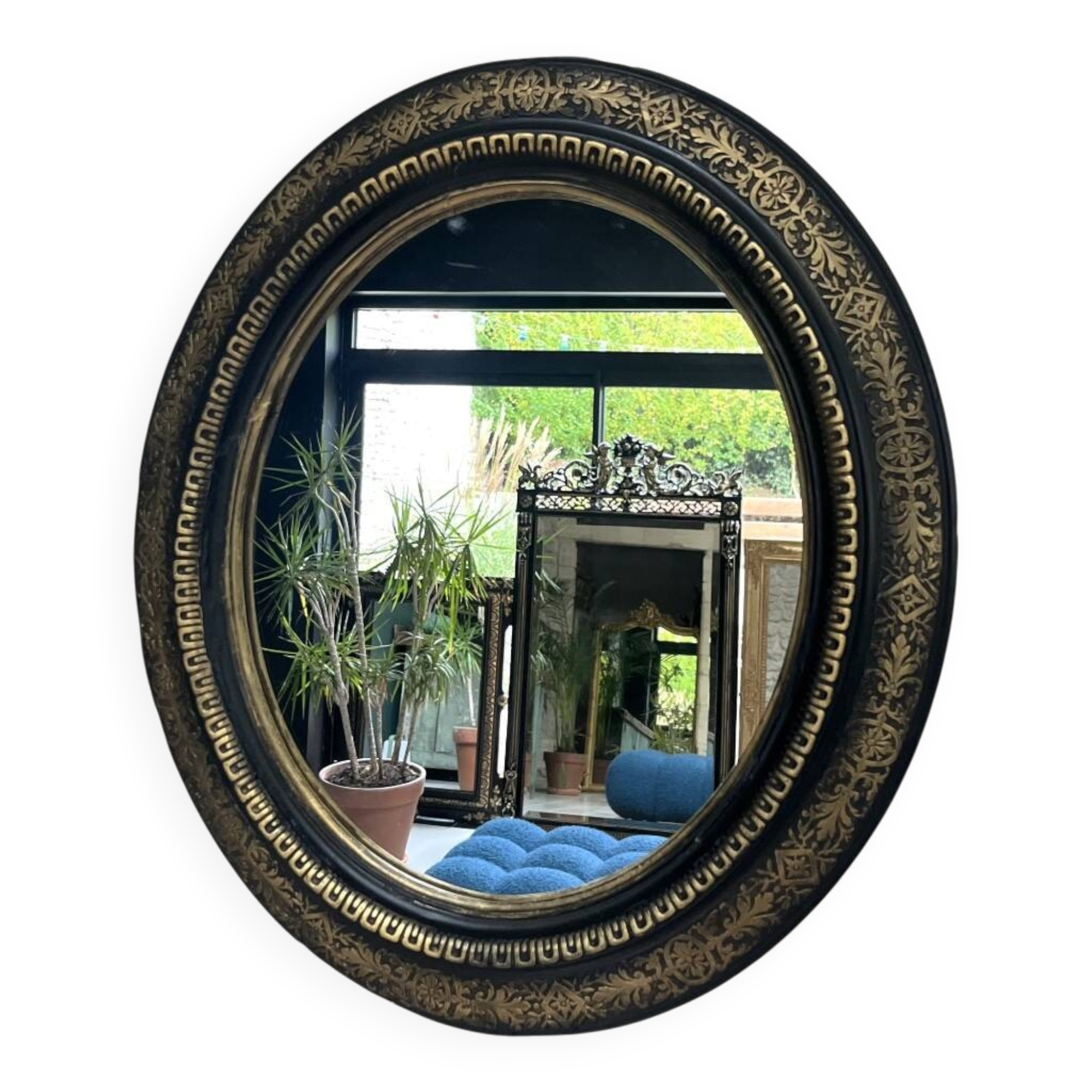Miroir ancien 61,5/53,5cm ovale époque Napoléon III, noir et doré