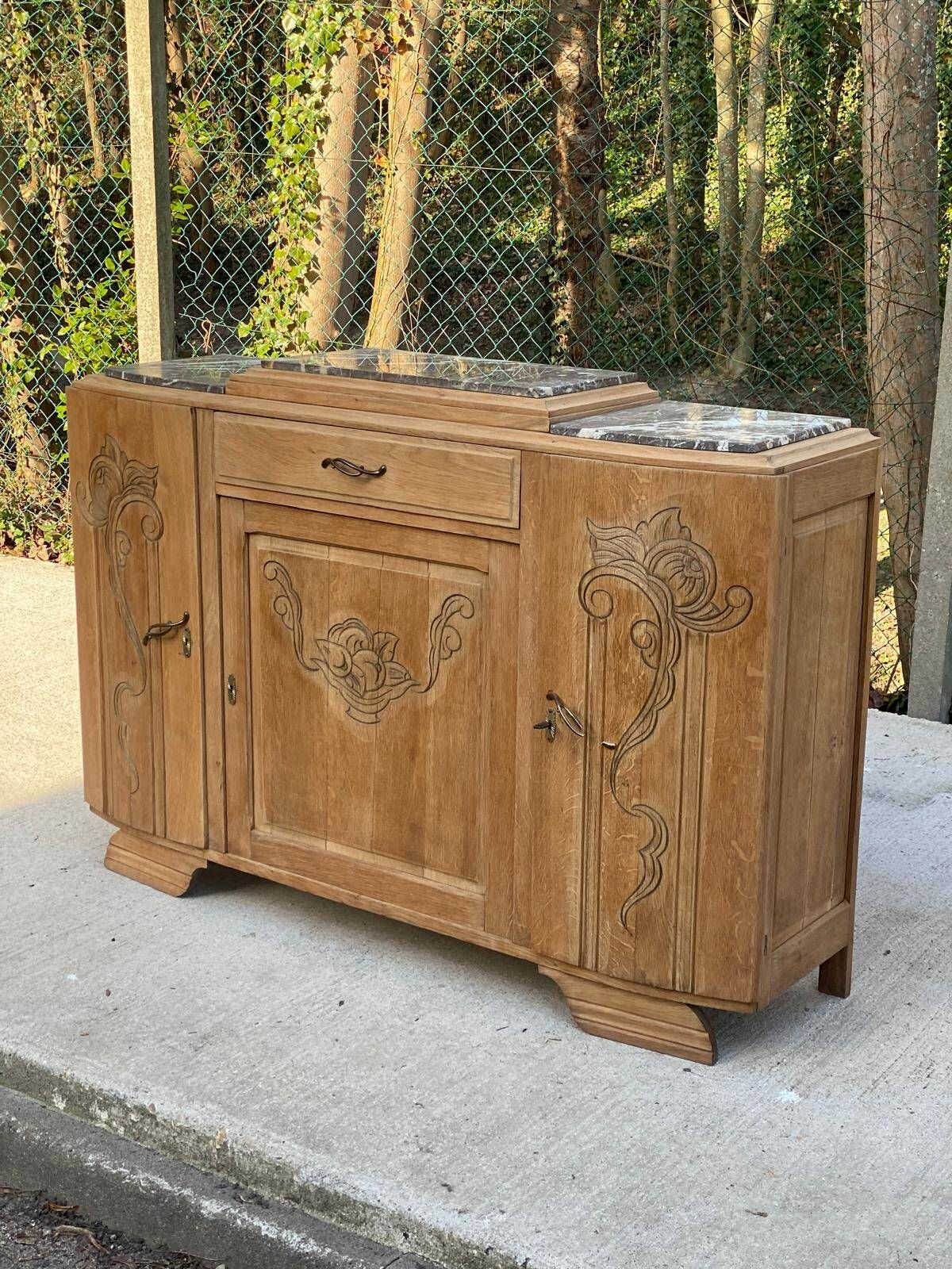 Parisian art deco 2-part buffet renovated in solid oak and marble 1940