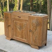 Buffet parisien art déco 2 corps en chêne massif et marbre, 1940, rénové