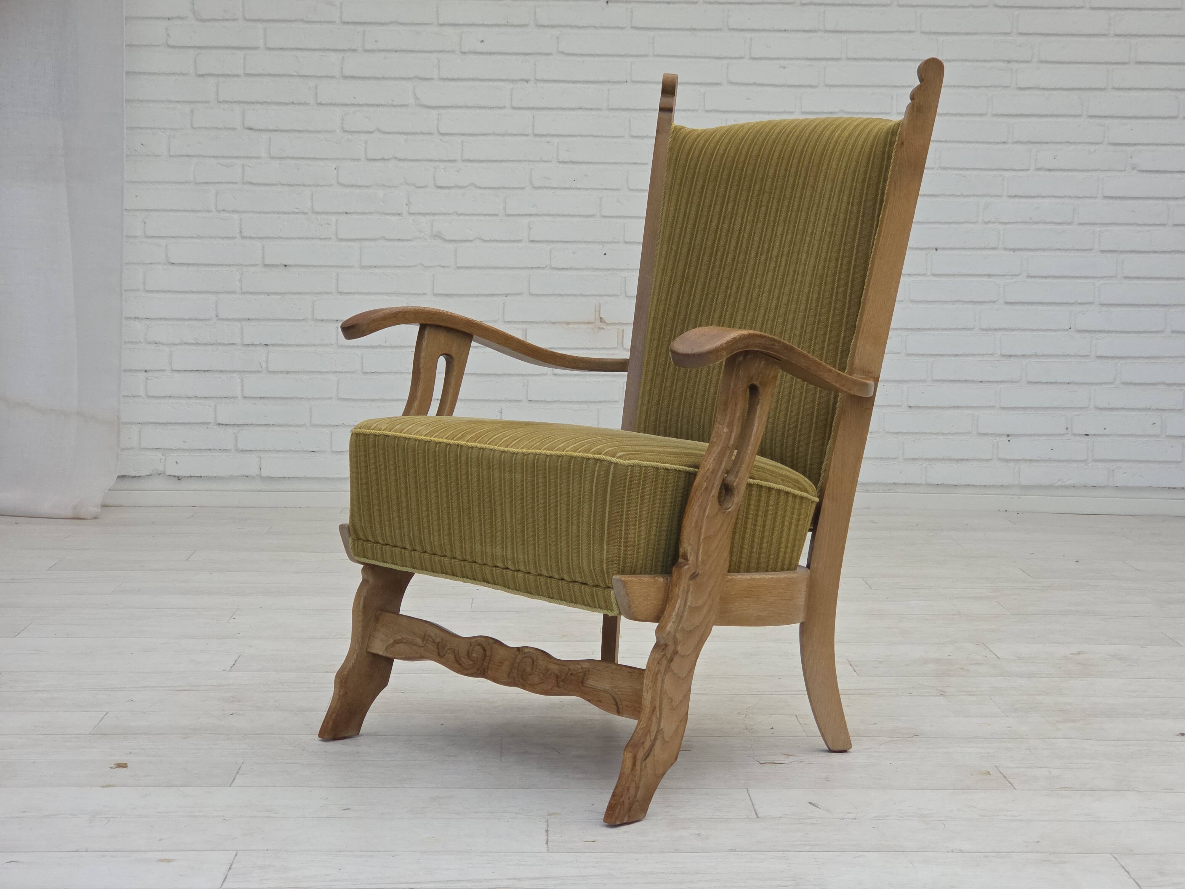 1970s, Scandinavian armchair, cotton/wool fabric, solid oak wood.