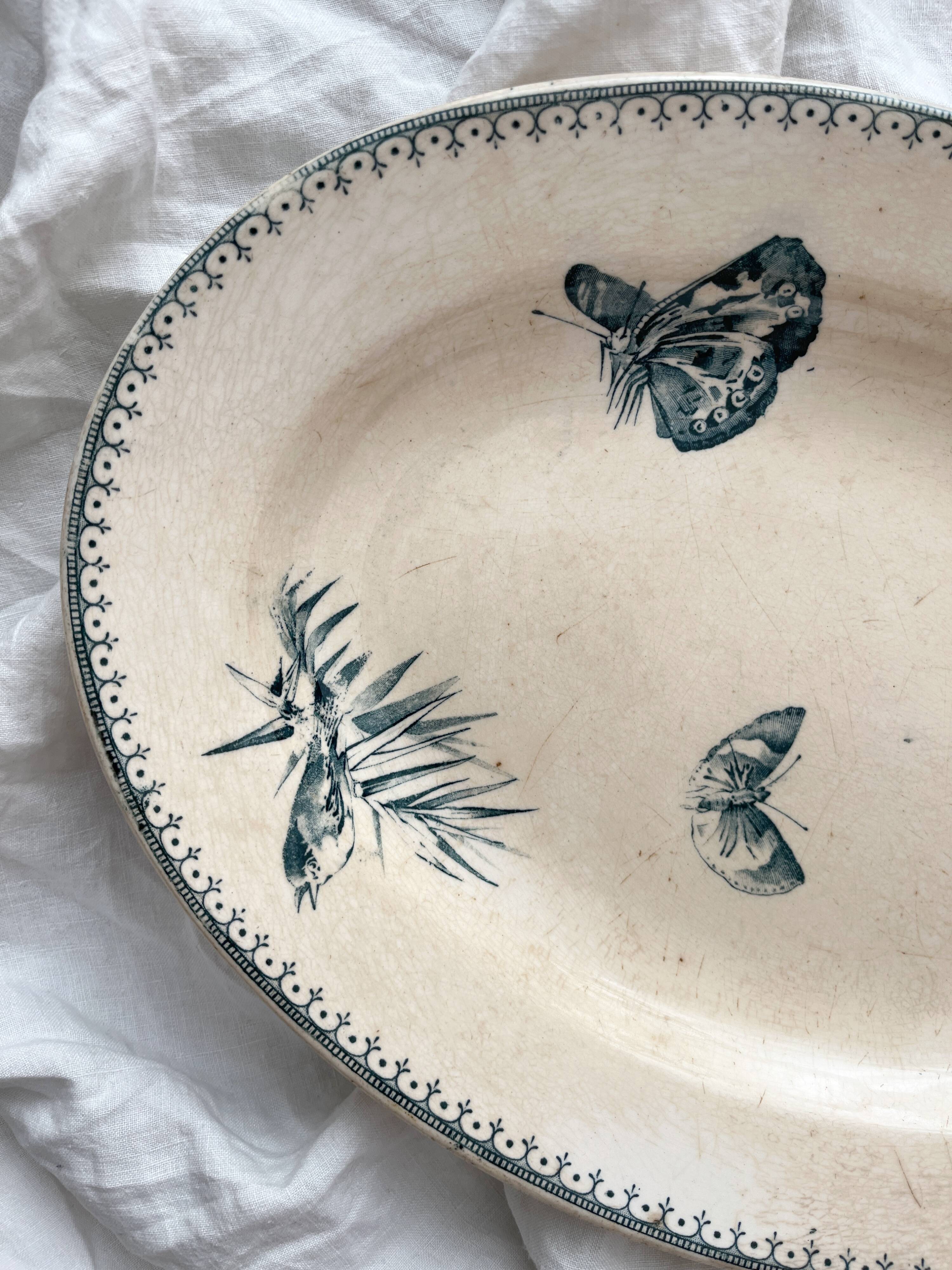 Oval ironstone dish flowers birds "Malaga" Petrus Regout