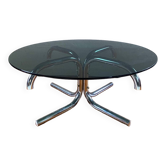 Table basse tubulaire verre fumé ronde vintage 1970
