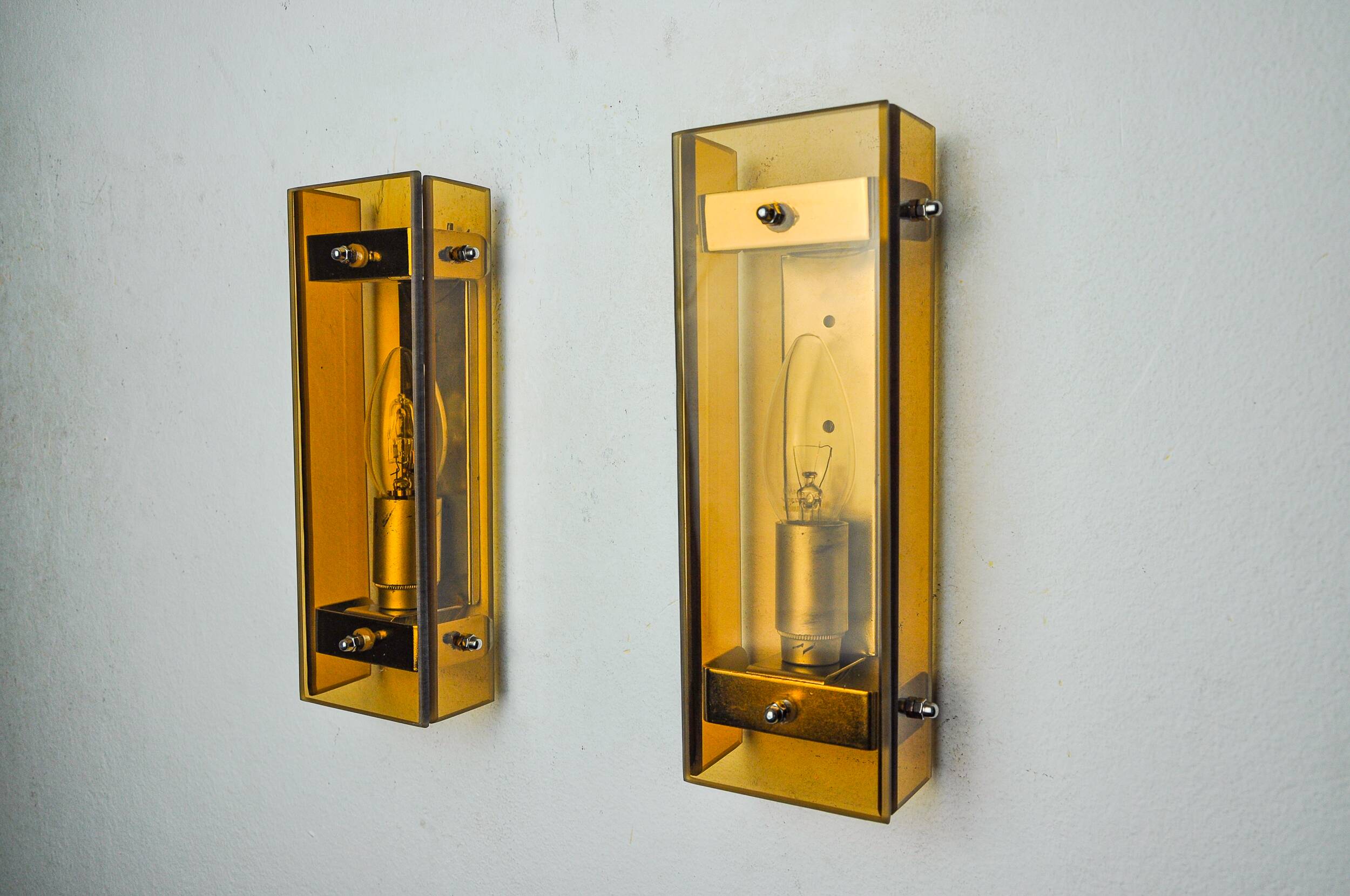 Pair of brown Veca wall lights, beveled glass, Italy 1970