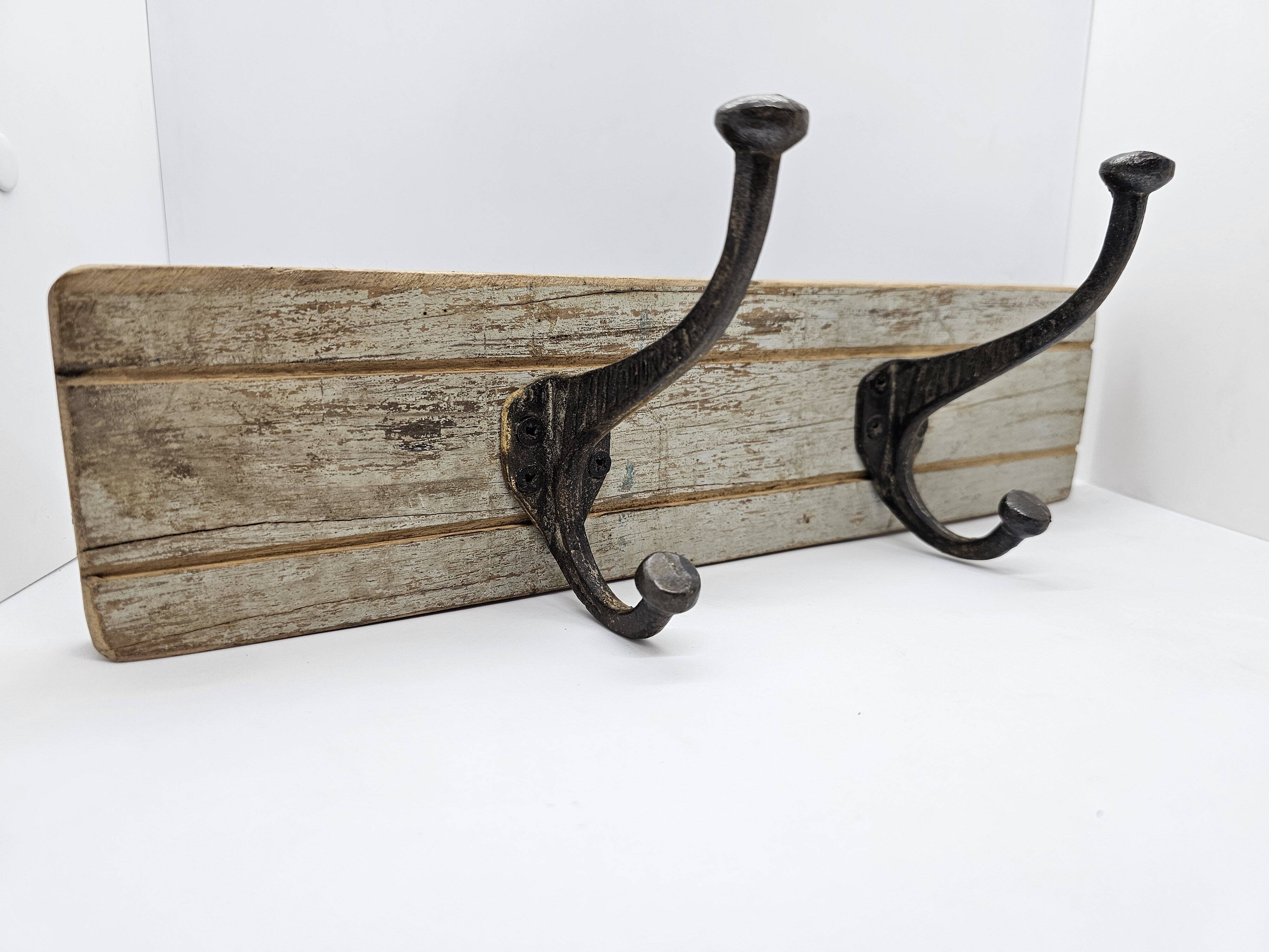 Solid teak coat hook with 2 double cast iron hooks