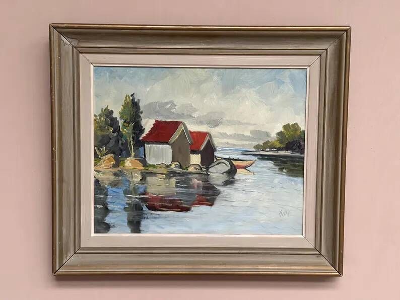 Original Swedish Oil on Canvas – "Houses and Trees", Unknown Artist – Signed, Vintage and Framed – 53.5 x 46 cm (21 x 18 inches)