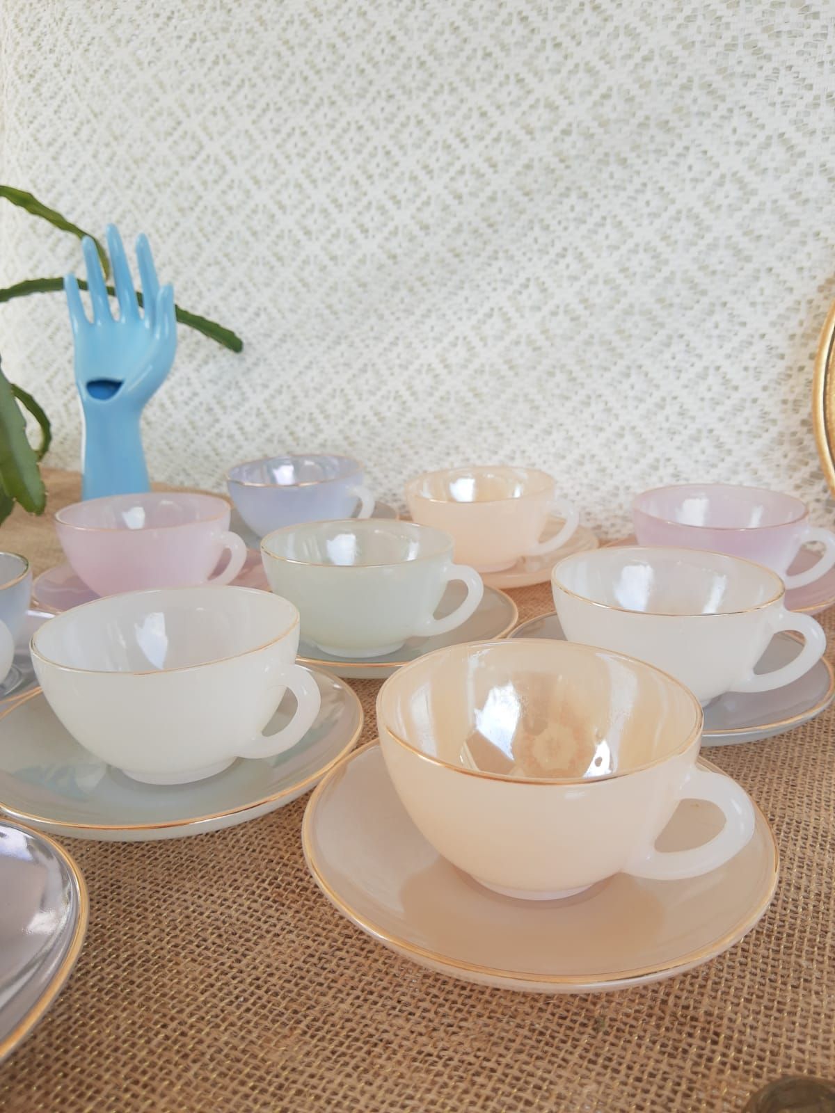 Set of 10 cups and under cups harlequin Arcopal France - vintage