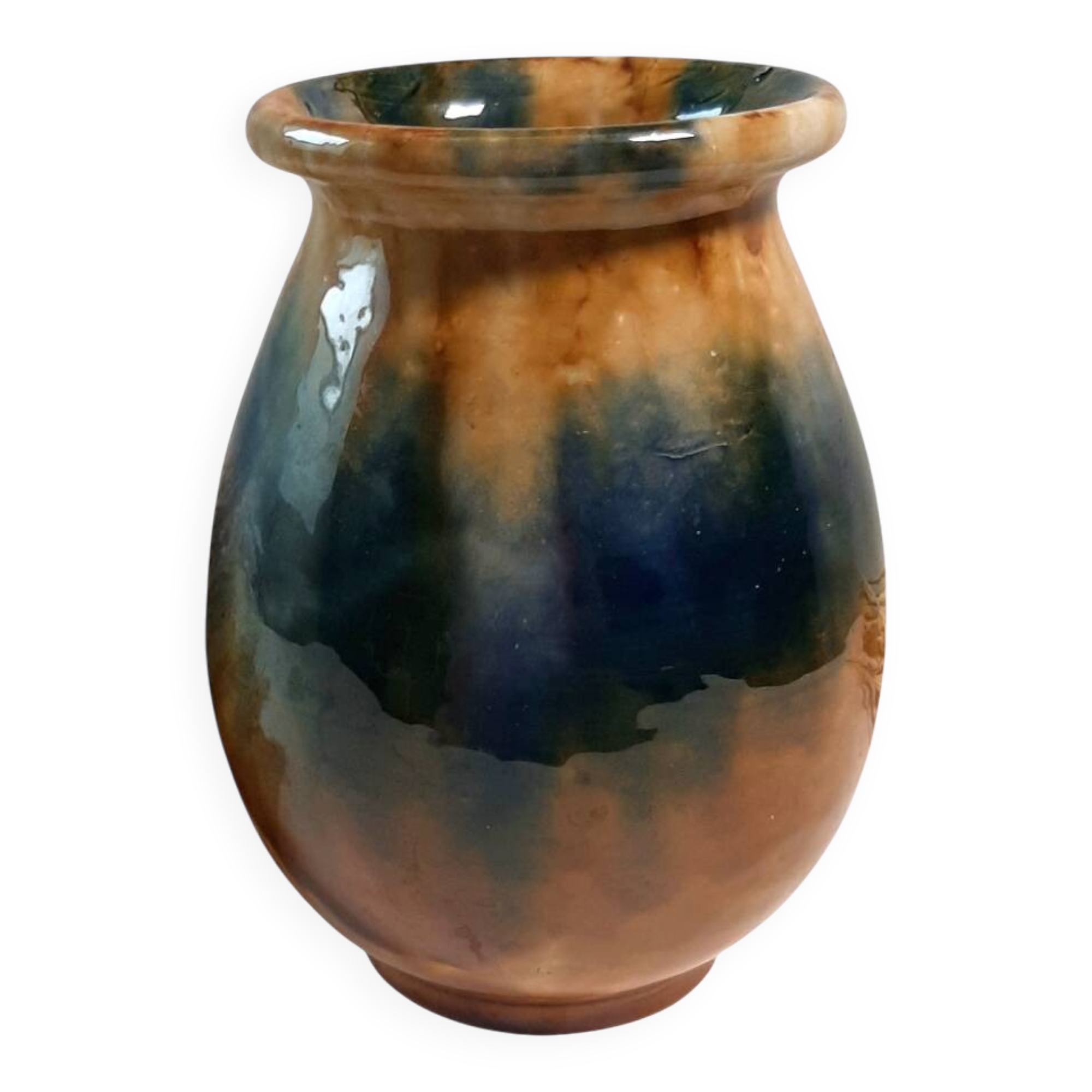 Aetgina vase Vallauris vintage in ochre and blue glazed ceramic.