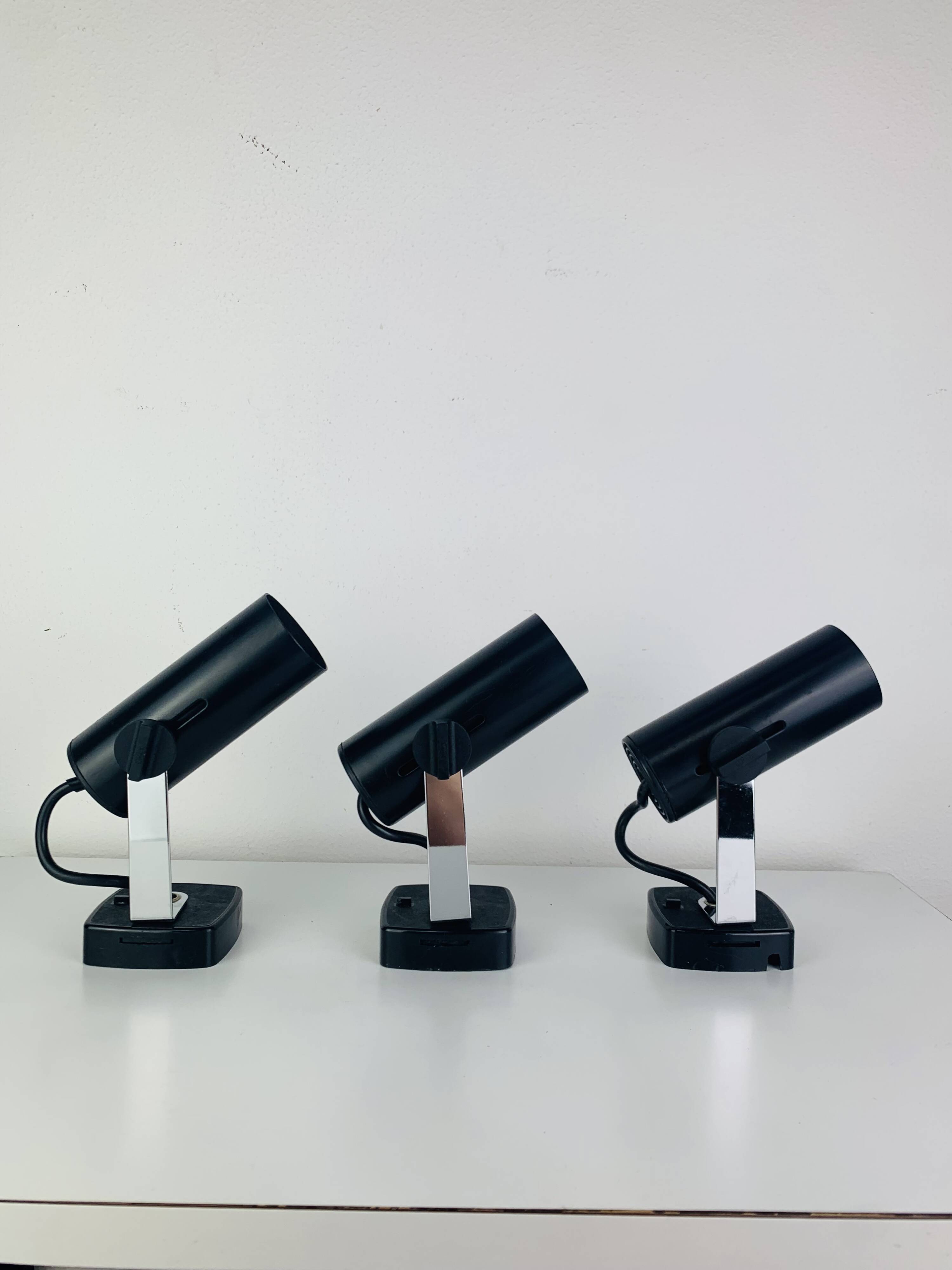 3 black metal and chrome vintage spotlights by Targetti