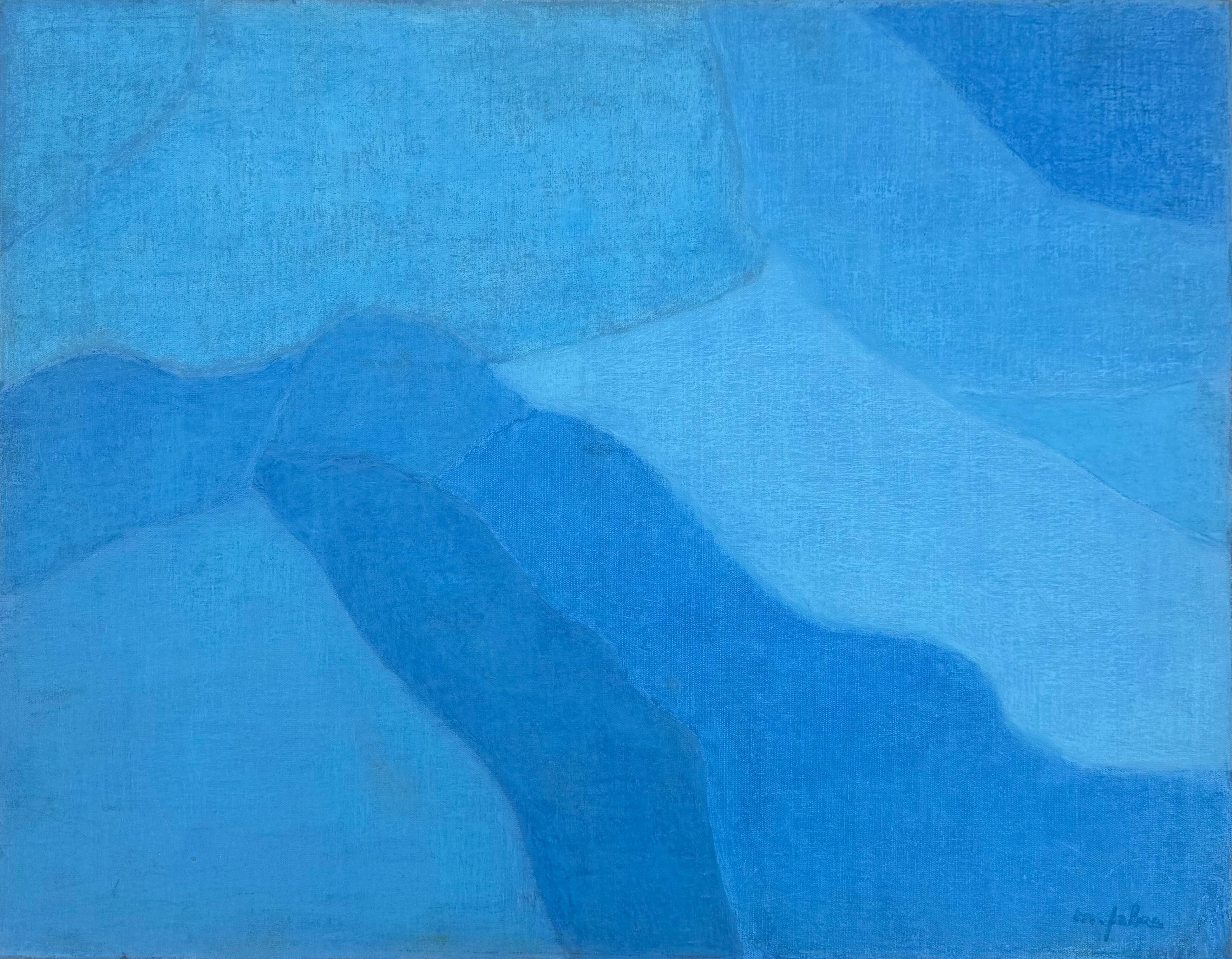 Abstract blue table – minimalist landscape – oil on canvas signed by Michel