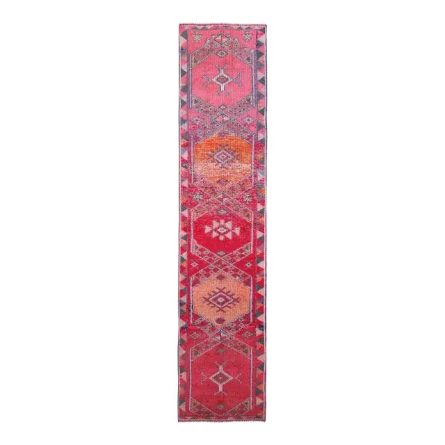 Vintage Turkish Oushak Handmade Cotton Pink Wool Runner Rug 79x362