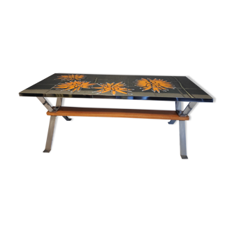 Vintage coffee table ceramic tray orange flowers on dark blue background