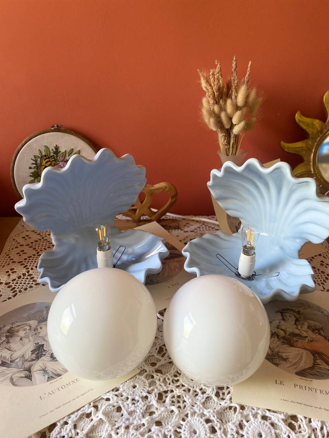 Rare pair of vintage shell lamps