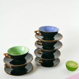 Set of 6 black and colored earthenware cups and saucers, 1950