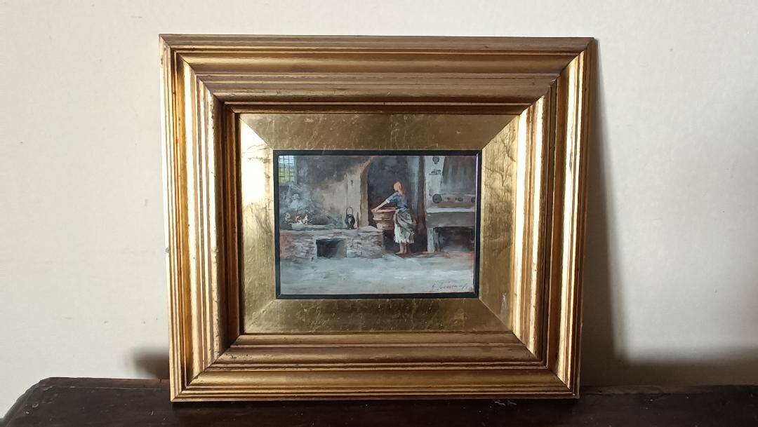 huile sur panneau "la lavandière" Gino Tommasi (1880-1942), début XXe siècl