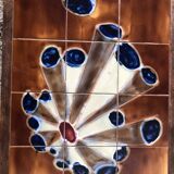 Old 70's Coffee Table Wood + Vintage Painted Ceramic Tiles #A608