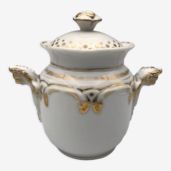 Sucrier Ancien de style Louis Philippe en porcelaine Blanche et Dorure - 17,5 cm