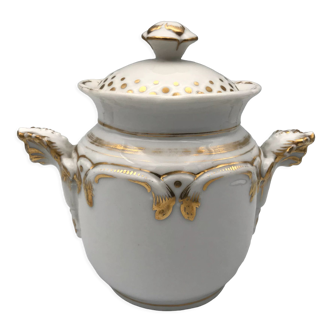 Sucrier Ancien de style Louis Philippe en porcelaine Blanche et Dorure - 17,5 cm