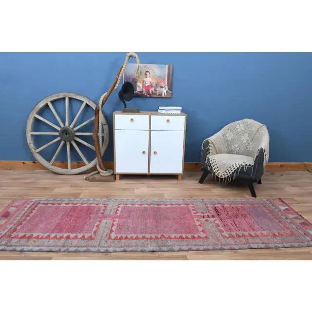 Tribal Turkish Vintage Runner, Pink Purple Handmade Oushak Runner 95x304