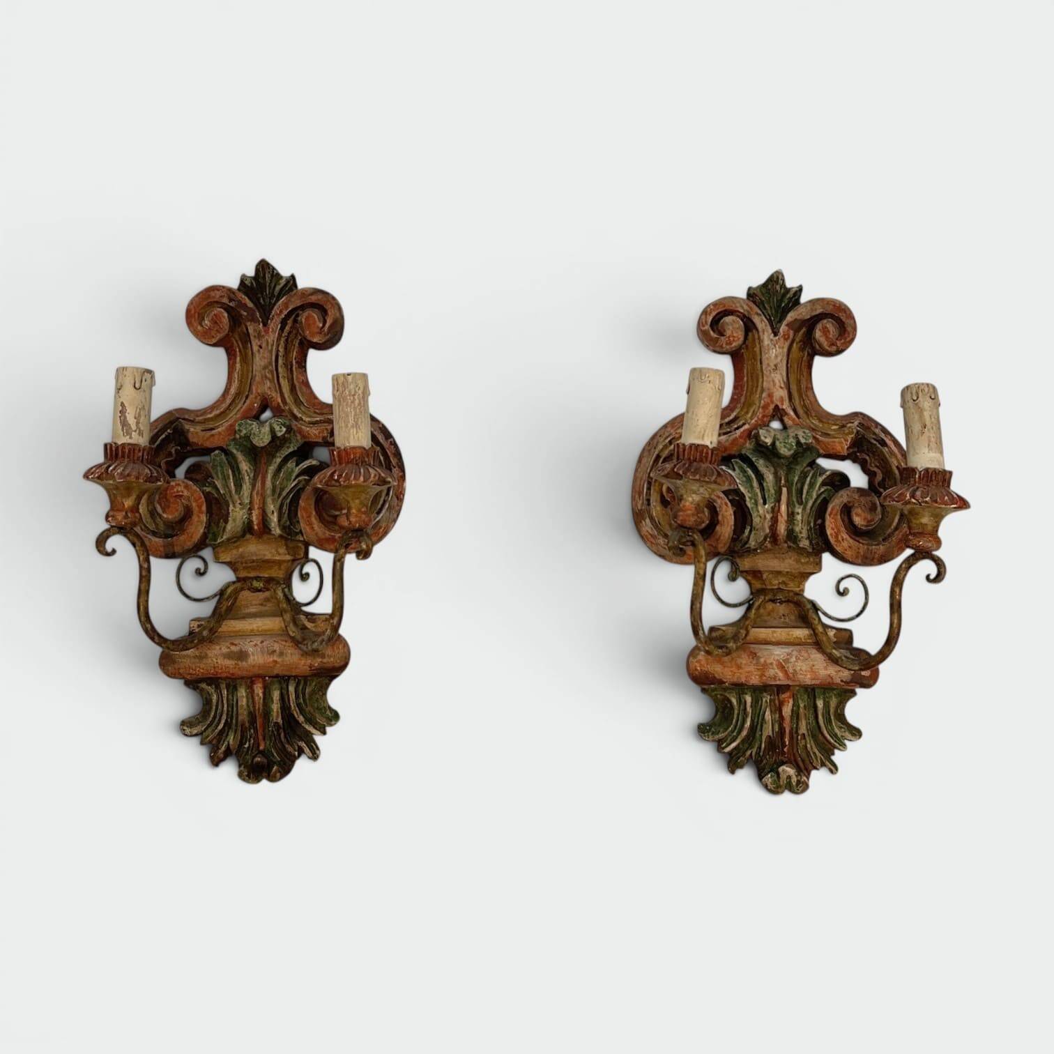 Pair of Polychrome Carved Wood Wall Lights with Vase and Acanthus. Arm in Iron.