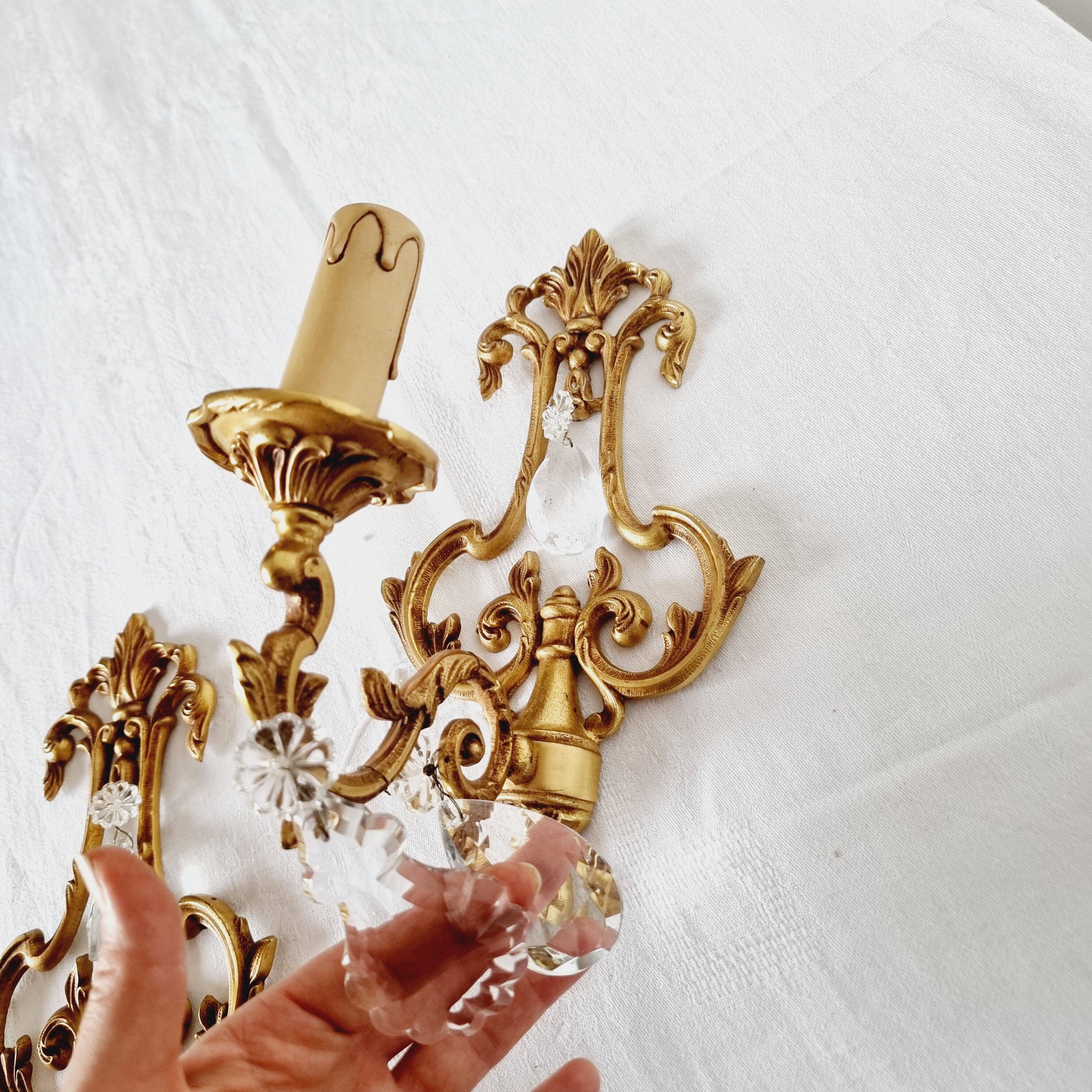 2 antique bronze and rock crystal candles and one light sconces in classic style