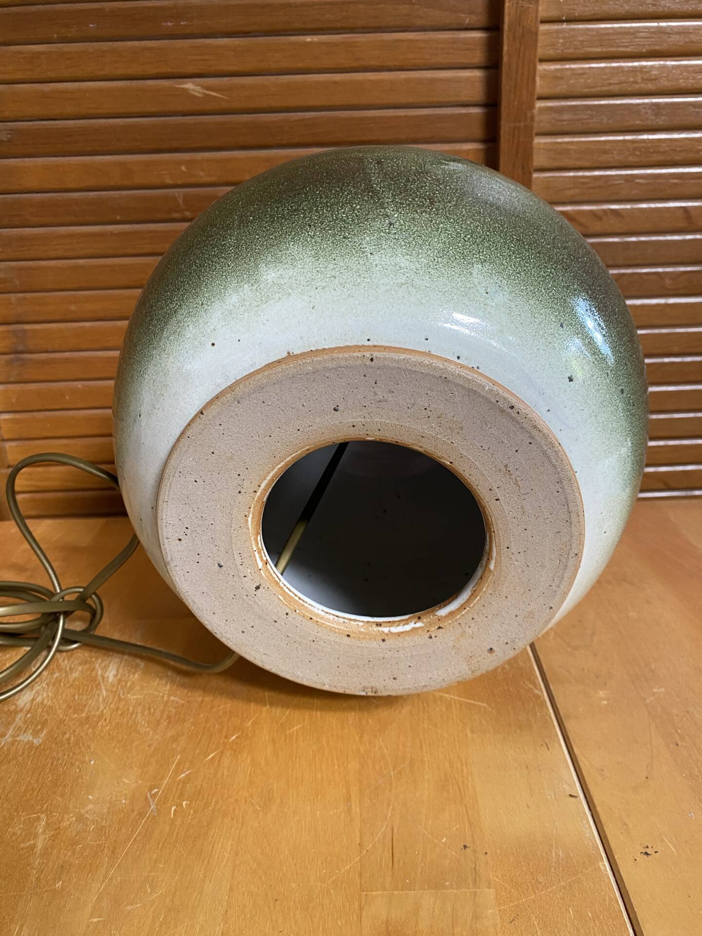 Pied de Lampe Ancien Boule Grès Émaillé Vert Nuancé Années 70 Vintage