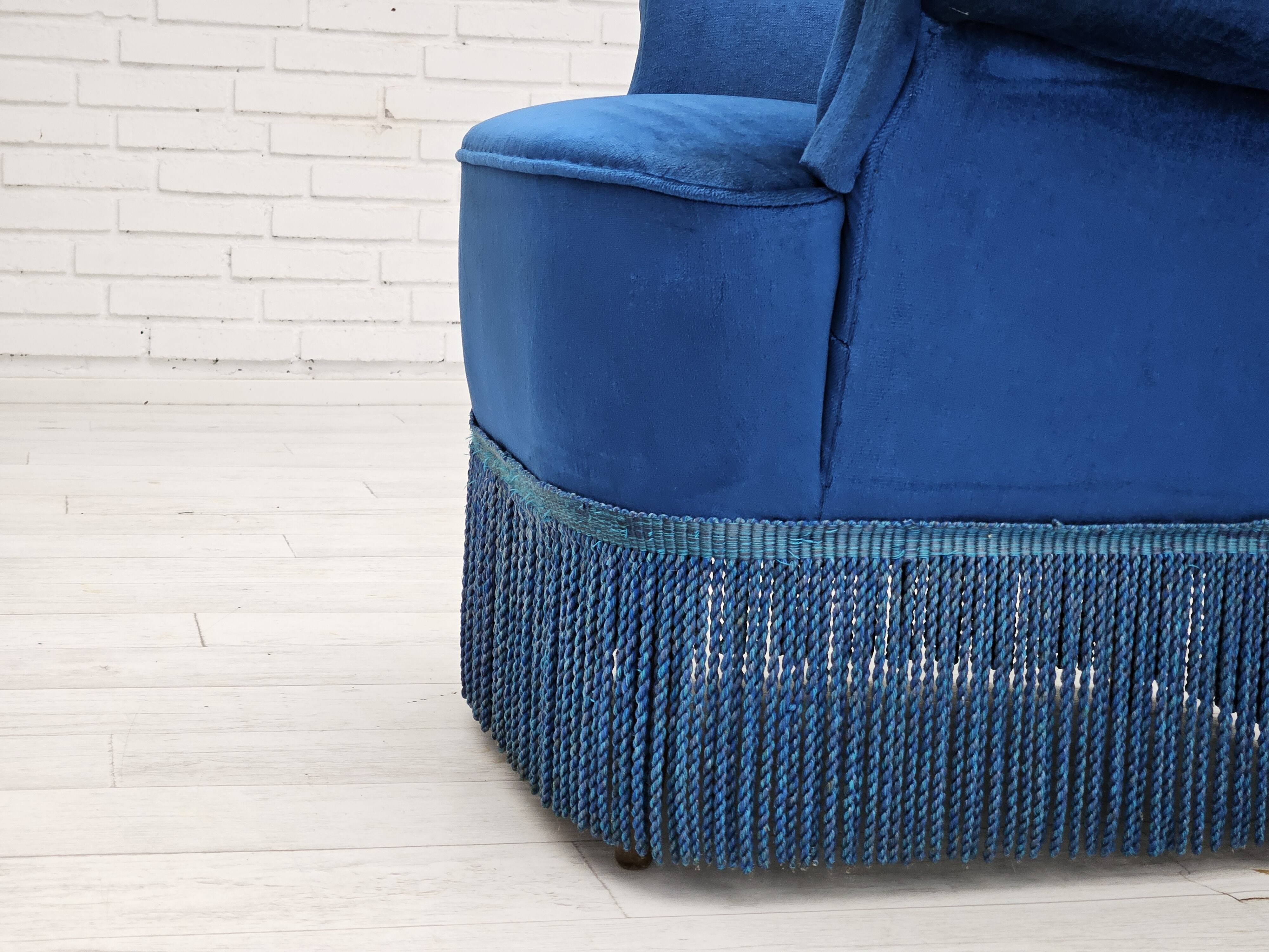 1960s, Danish lounge chair, blue furniture velour, beech wood legs.