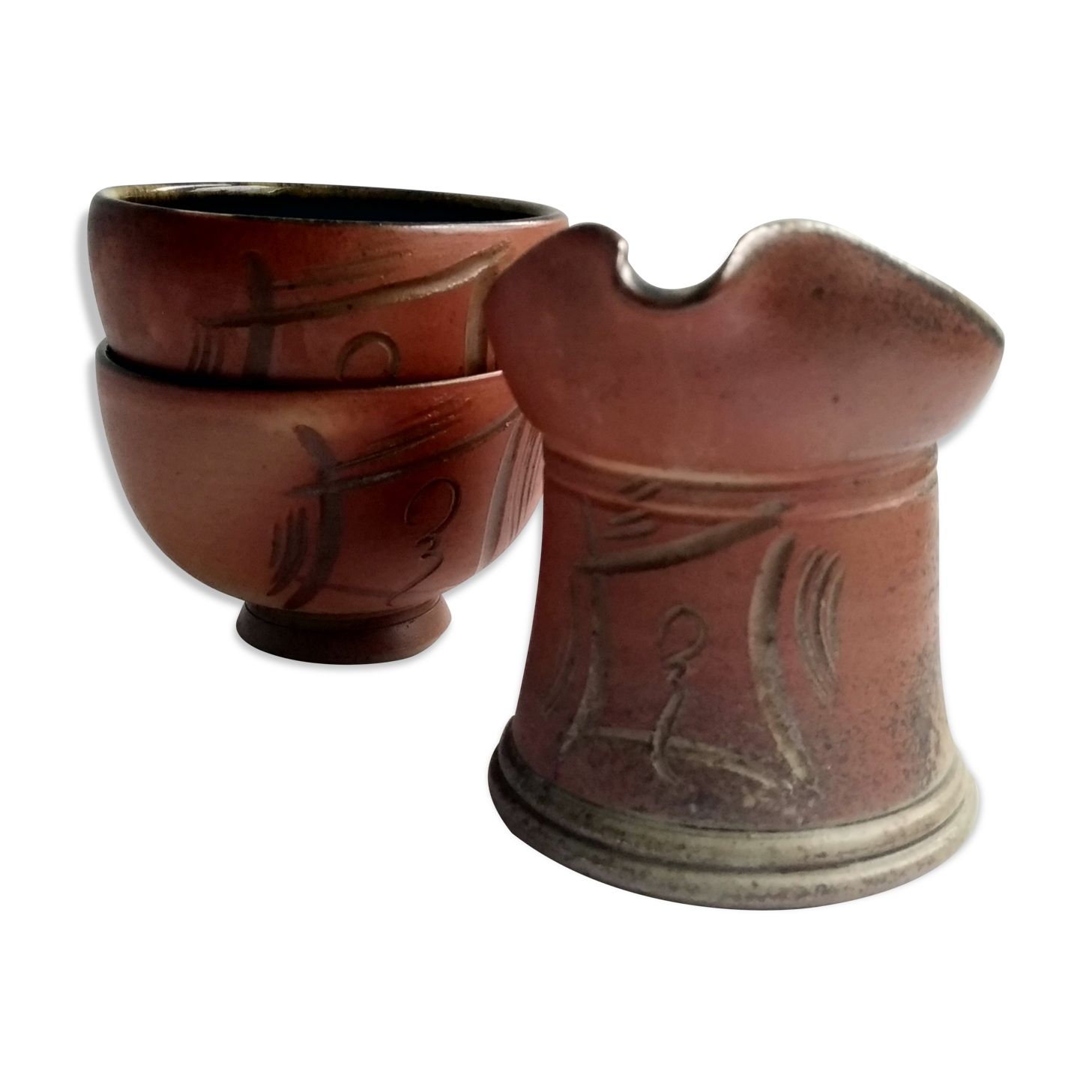 Puisaye Sandstone Coffee Service - Marina Tellier - Signed - Decorated with ideograms